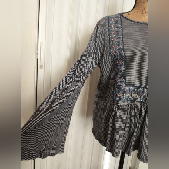 LOFT Striped Embroidered Bell Sleeve Peasant Boho Hippie Top Large - Picture 5 of 10